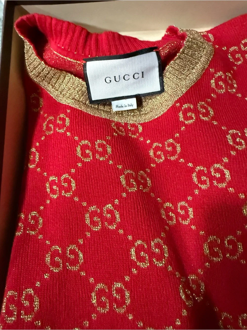 Gucci Red Short-Sleeve GG Knit Sweater with Gold Trim